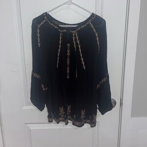 Lucky Brand Embroidered Black Sheer Blouse